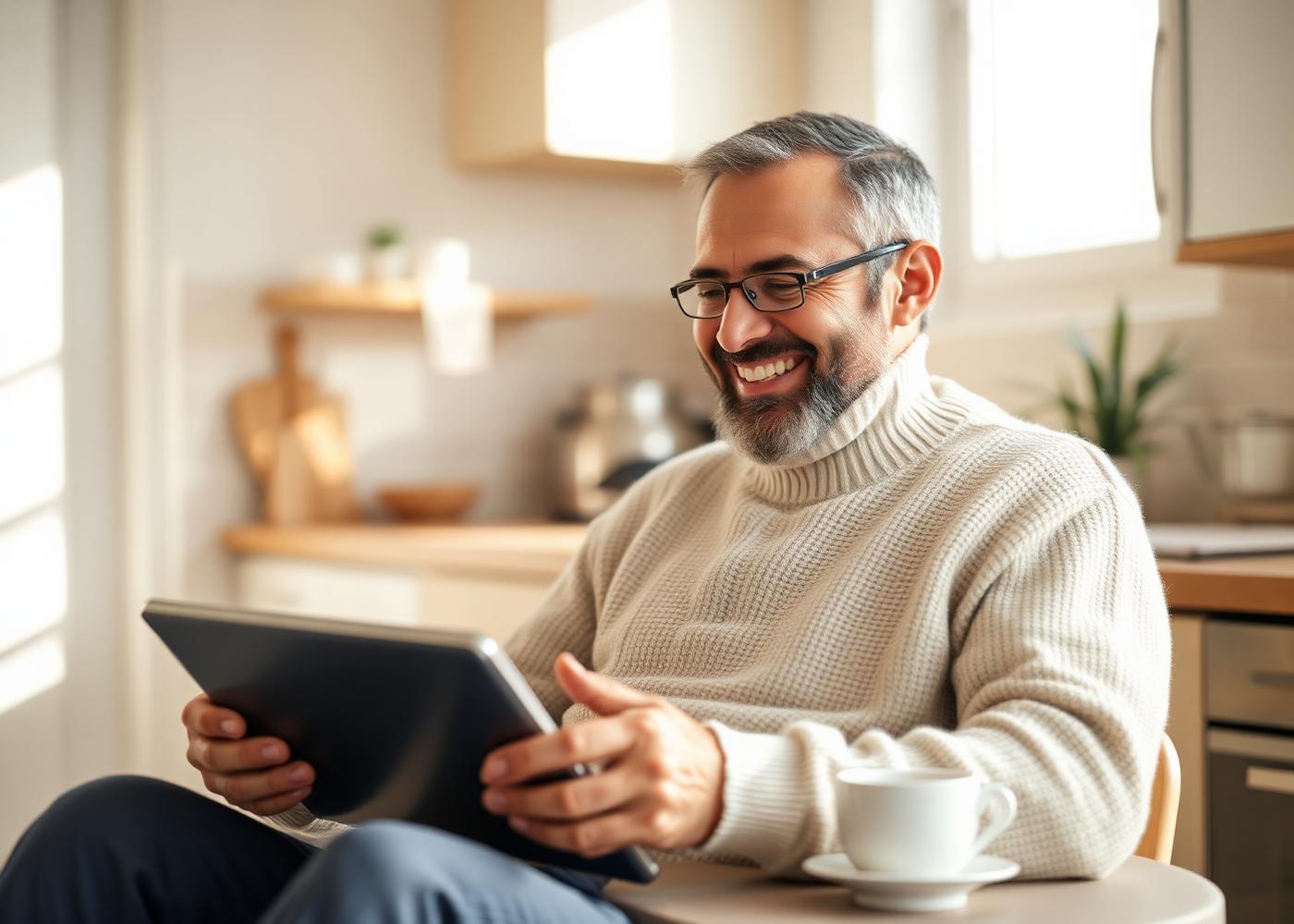 A client in a sunlit kitchen meeting with his therapist on a tablet